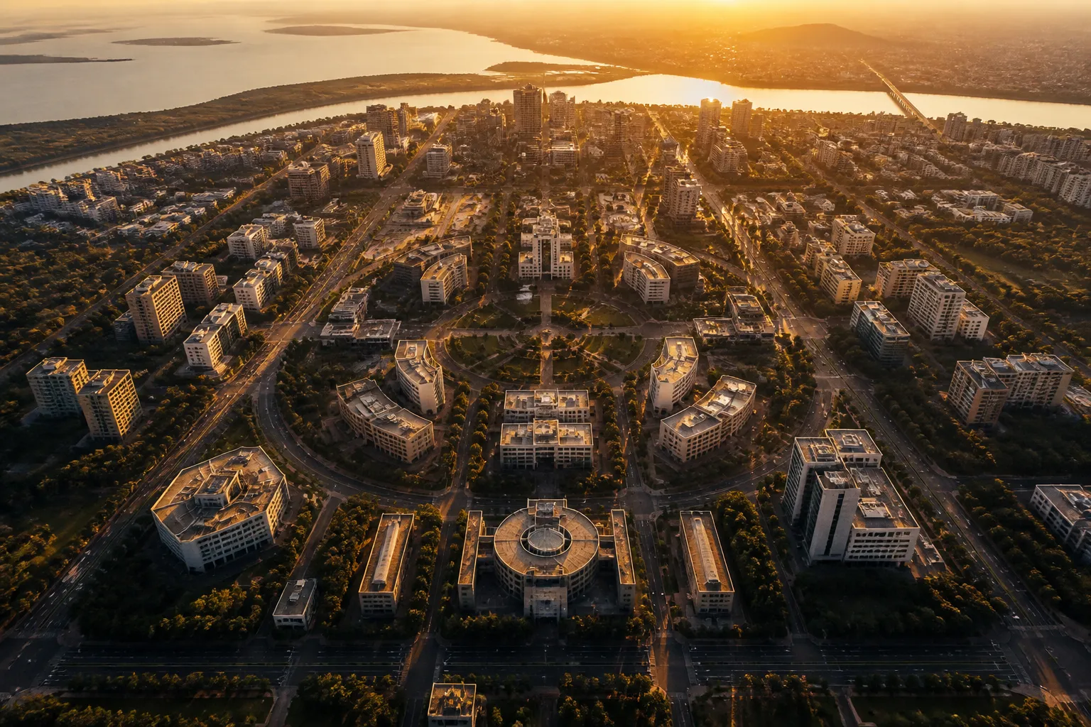 Aerial view of Navi Mumbai CBD at golden hour