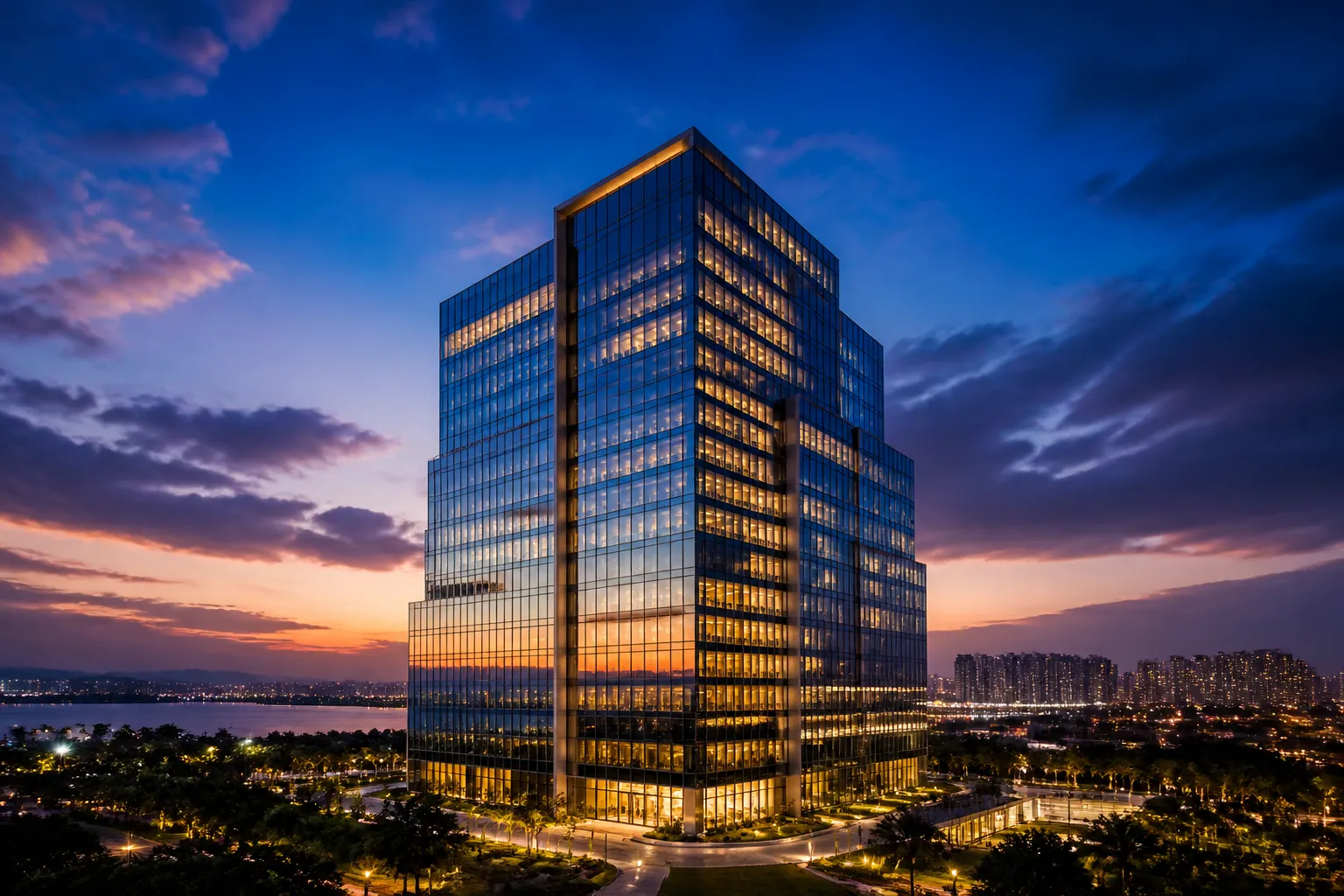 Modern Navi Mumbai office tower facade at dusk