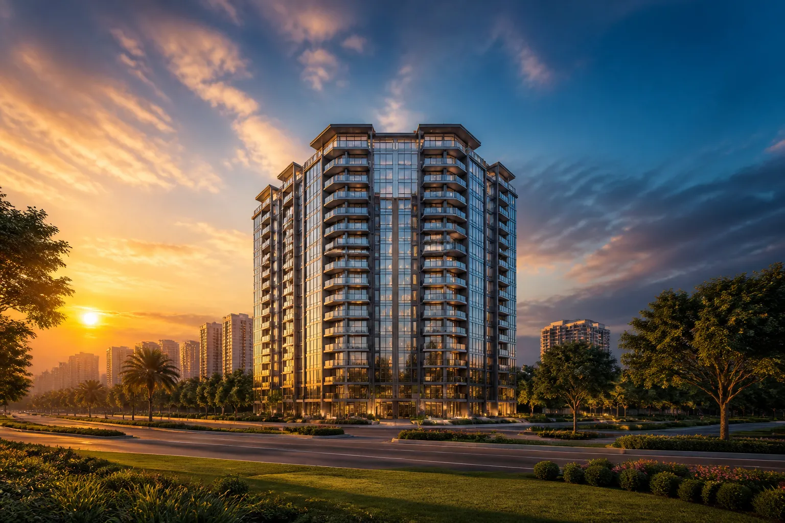 Modern residential development in Navi Mumbai at golden hour