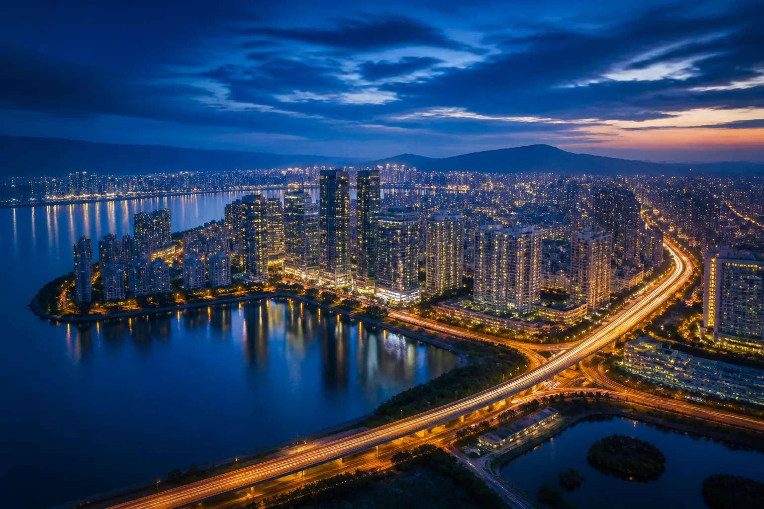 Navi Mumbai city skyline reflected in water at blue hour