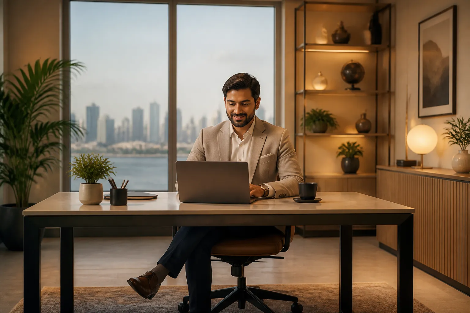 Business owner reviewing Meta Ads campaign results in a modern Navi Mumbai office